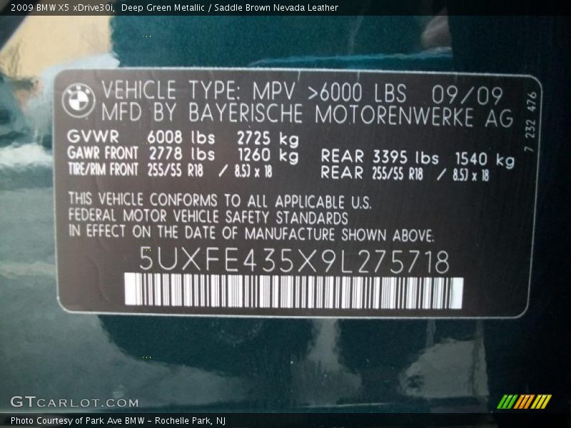 Deep Green Metallic / Saddle Brown Nevada Leather 2009 BMW X5 xDrive30i