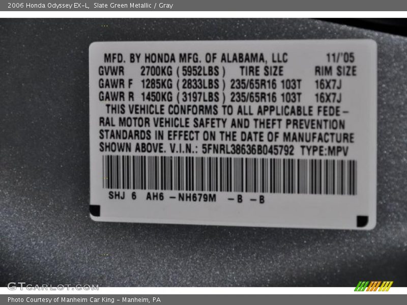 Slate Green Metallic / Gray 2006 Honda Odyssey EX-L