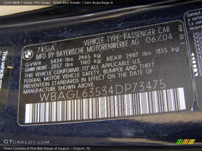 Orient Blue Metallic / Dark Beige/Beige III 2004 BMW 7 Series 745i Sedan