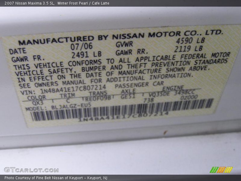 Winter Frost Pearl / Cafe Latte 2007 Nissan Maxima 3.5 SL