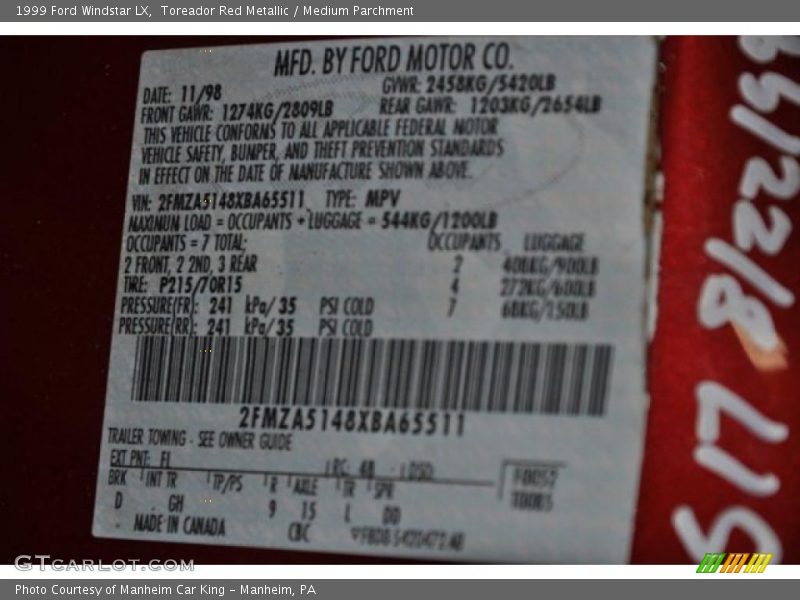 Toreador Red Metallic / Medium Parchment 1999 Ford Windstar LX