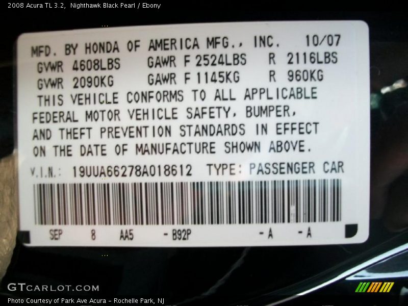 Nighthawk Black Pearl / Ebony 2008 Acura TL 3.2