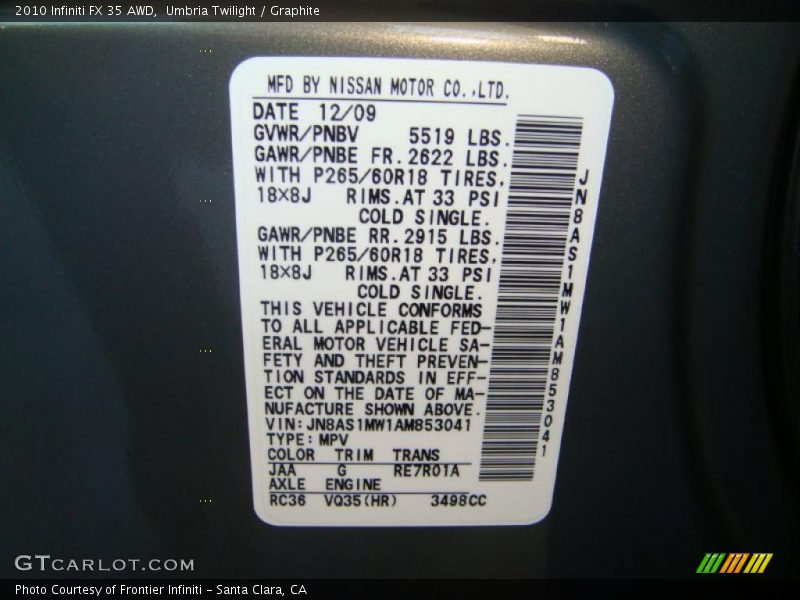 Umbria Twilight / Graphite 2010 Infiniti FX 35 AWD