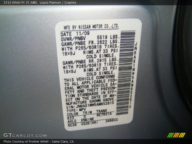 Liquid Platinum / Graphite 2010 Infiniti FX 35 AWD