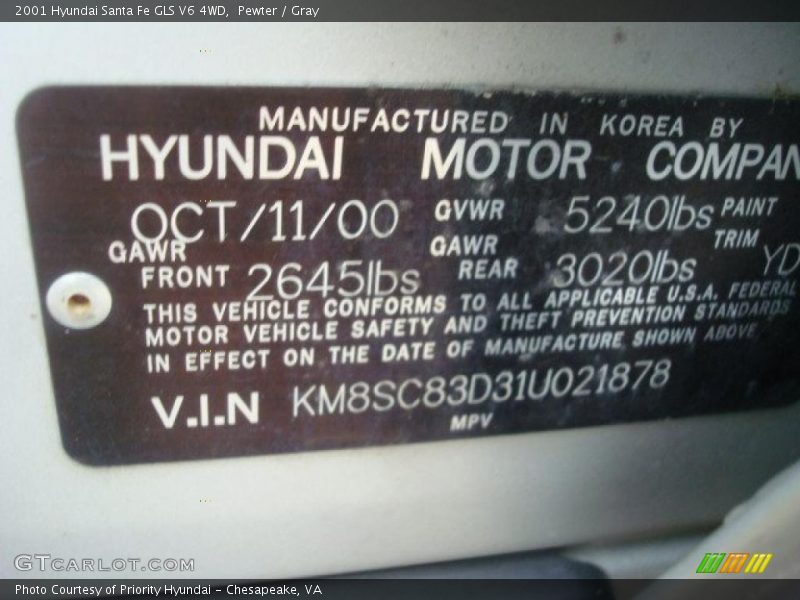 Info Tag of 2001 Santa Fe GLS V6 4WD