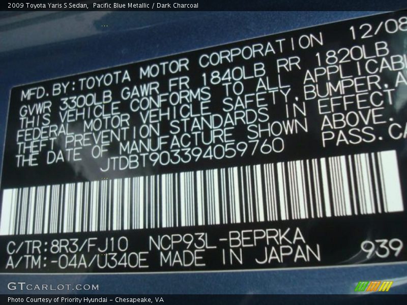 Pacific Blue Metallic / Dark Charcoal 2009 Toyota Yaris S Sedan