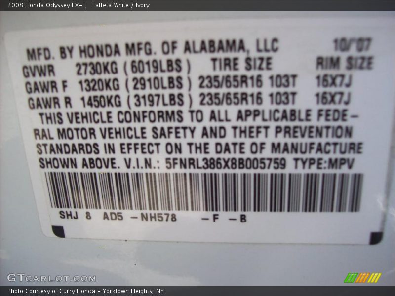 Taffeta White / Ivory 2008 Honda Odyssey EX-L