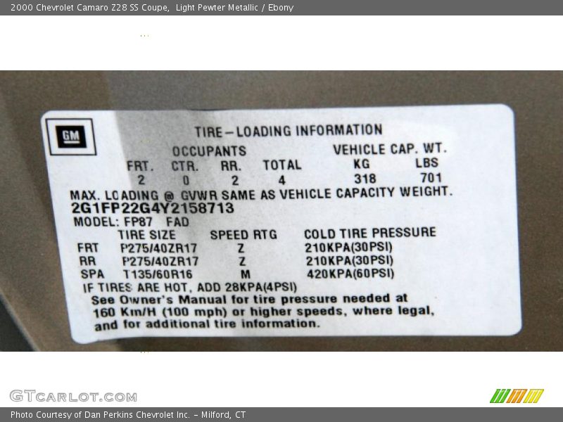 Info Tag of 2000 Camaro Z28 SS Coupe