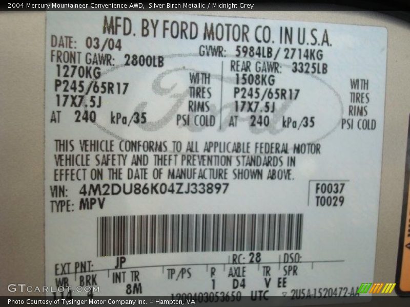 Silver Birch Metallic / Midnight Grey 2004 Mercury Mountaineer Convenience AWD