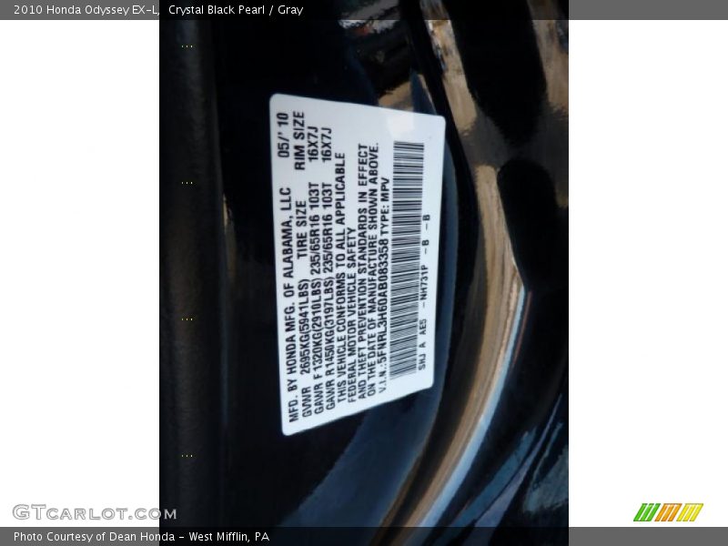 Crystal Black Pearl / Gray 2010 Honda Odyssey EX-L