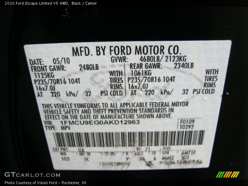 Black / Camel 2010 Ford Escape Limited V6 4WD