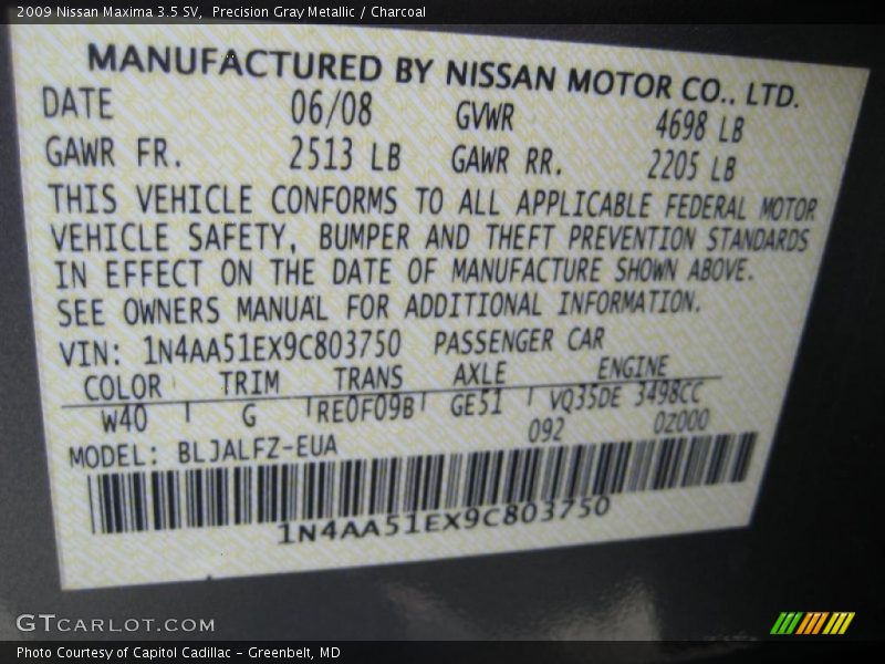 Precision Gray Metallic / Charcoal 2009 Nissan Maxima 3.5 SV