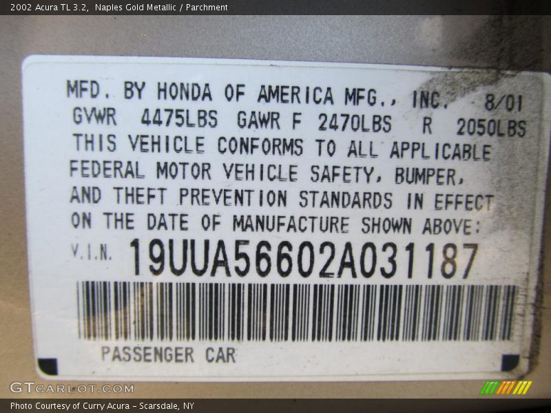 Naples Gold Metallic / Parchment 2002 Acura TL 3.2