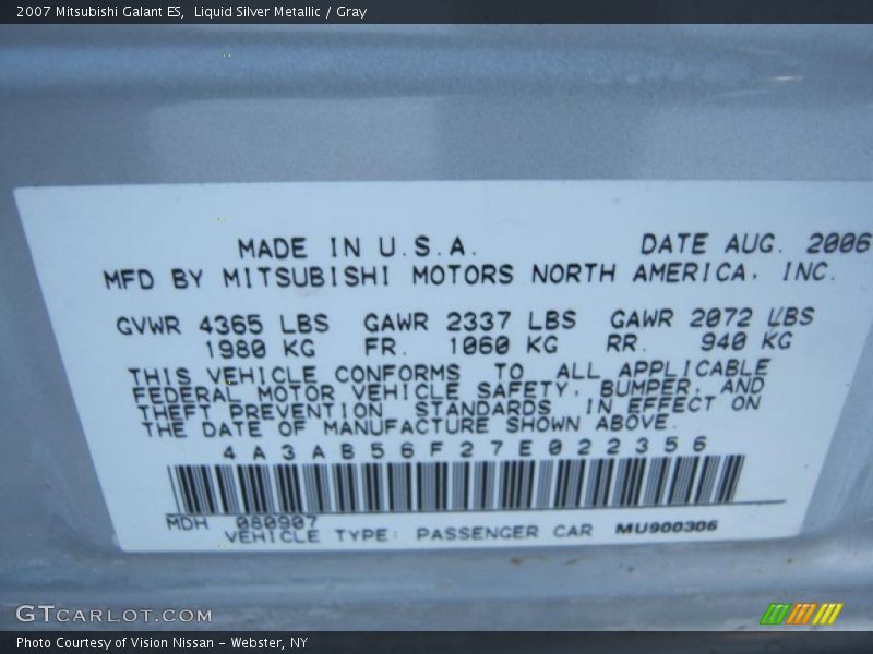 Liquid Silver Metallic / Gray 2007 Mitsubishi Galant ES