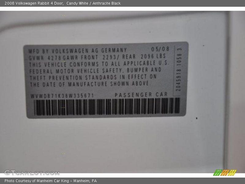 Candy White / Anthracite Black 2008 Volkswagen Rabbit 4 Door