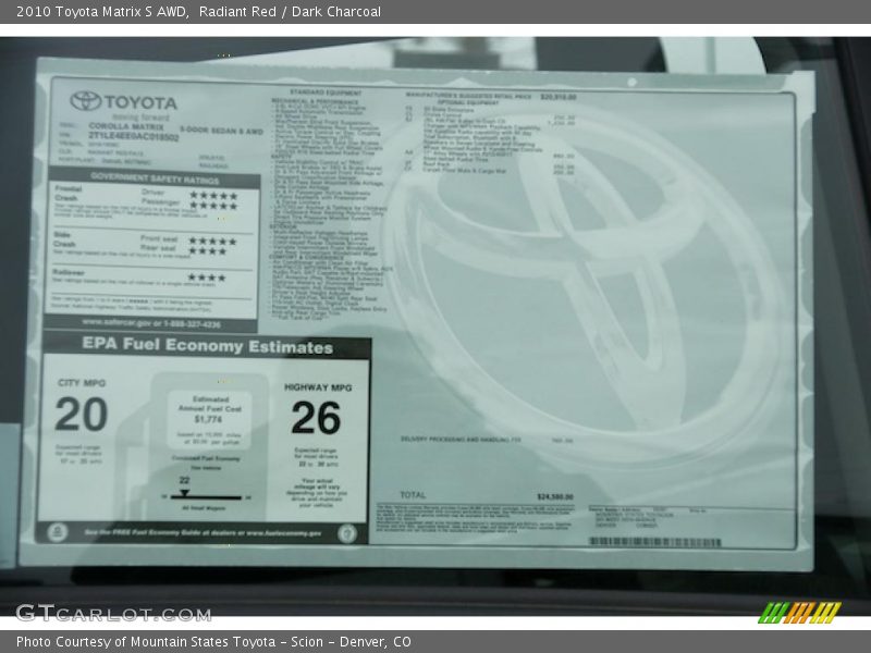  2010 Matrix S AWD Window Sticker