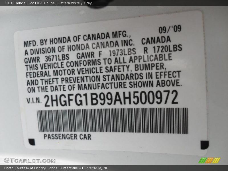 Info Tag of 2010 Civic EX-L Coupe