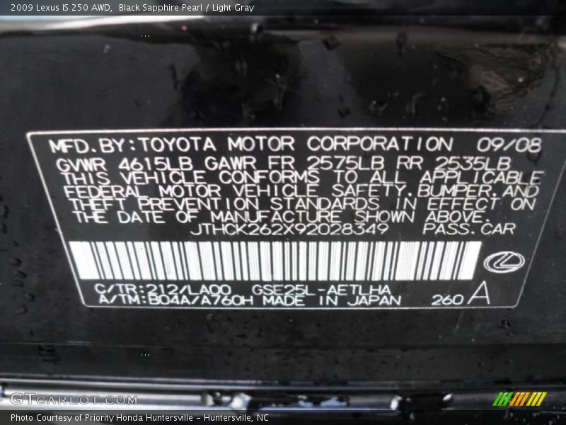 Black Sapphire Pearl / Light Gray 2009 Lexus IS 250 AWD