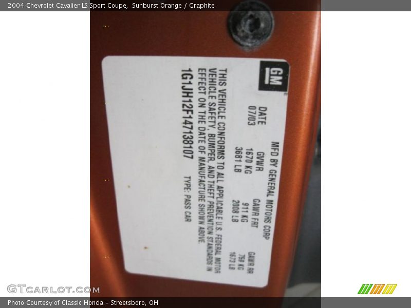 Info Tag of 2004 Cavalier LS Sport Coupe