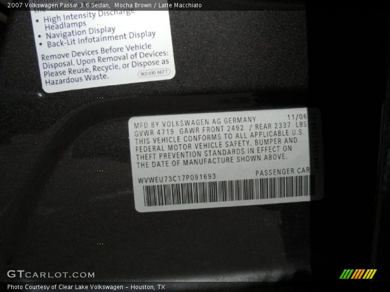Mocha Brown / Latte Macchiato 2007 Volkswagen Passat 3.6 Sedan