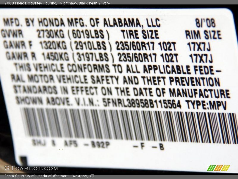 Nighthawk Black Pearl / Ivory 2008 Honda Odyssey Touring
