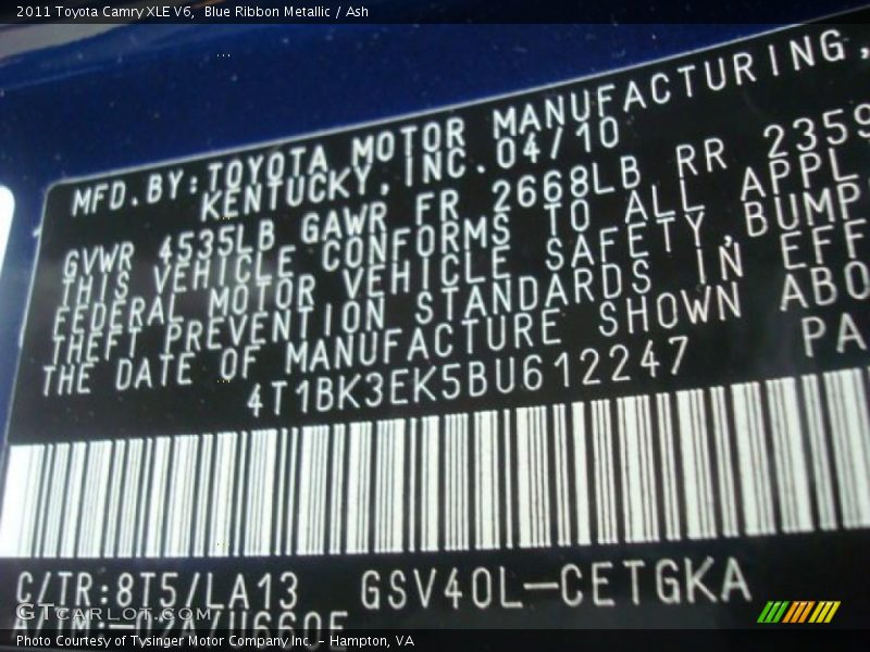 2011 Camry XLE V6 Blue Ribbon Metallic Color Code 8T5