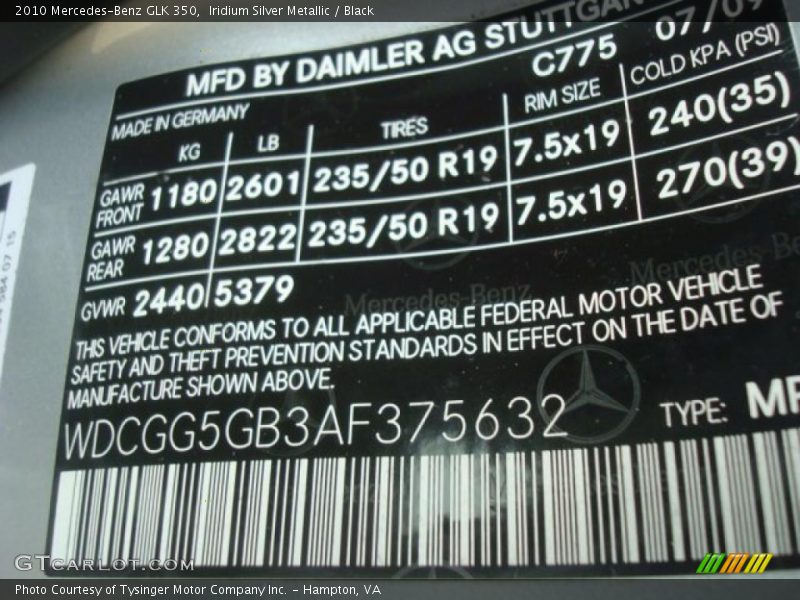Iridium Silver Metallic / Black 2010 Mercedes-Benz GLK 350
