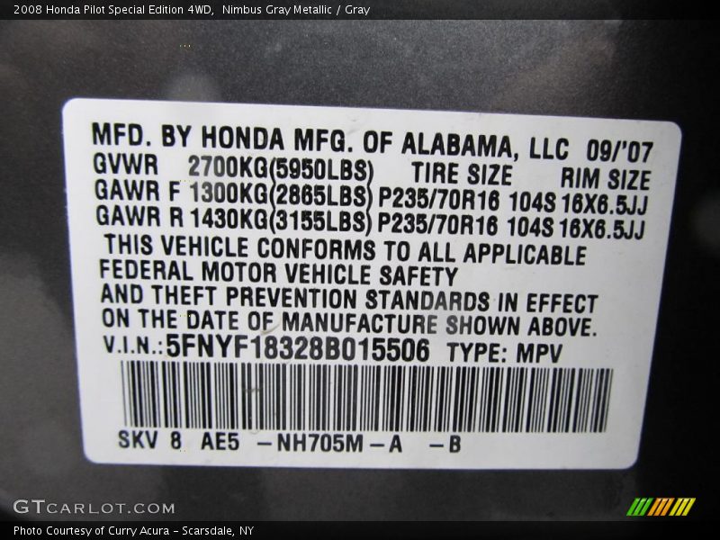 Nimbus Gray Metallic / Gray 2008 Honda Pilot Special Edition 4WD
