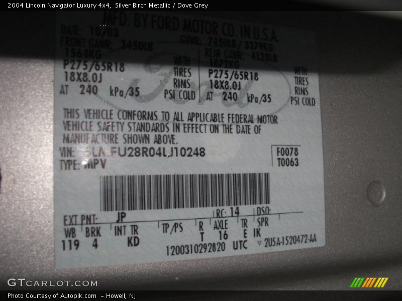 2004 Navigator Luxury 4x4 Silver Birch Metallic Color Code JP