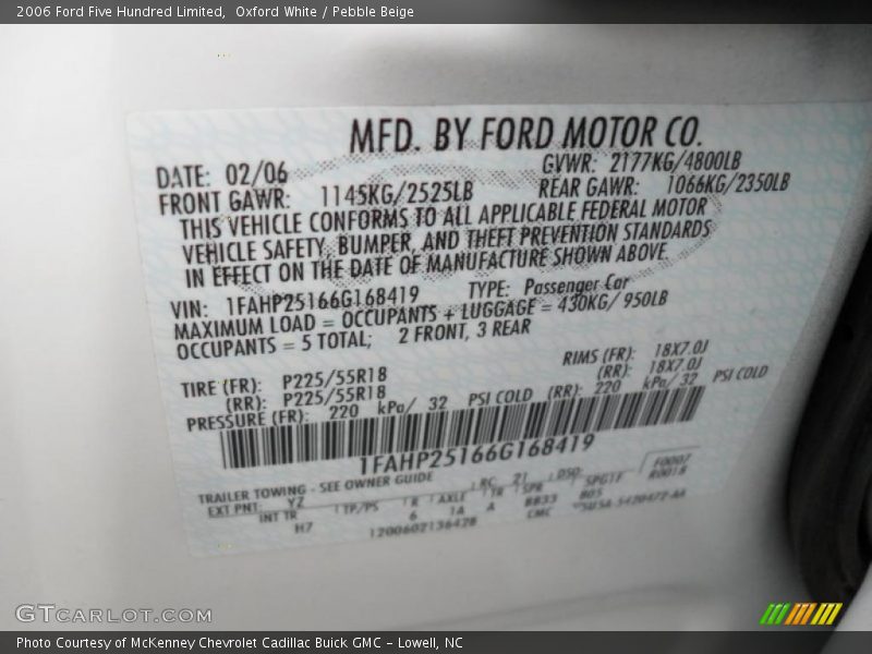 2006 Five Hundred Limited Oxford White Color Code YZ