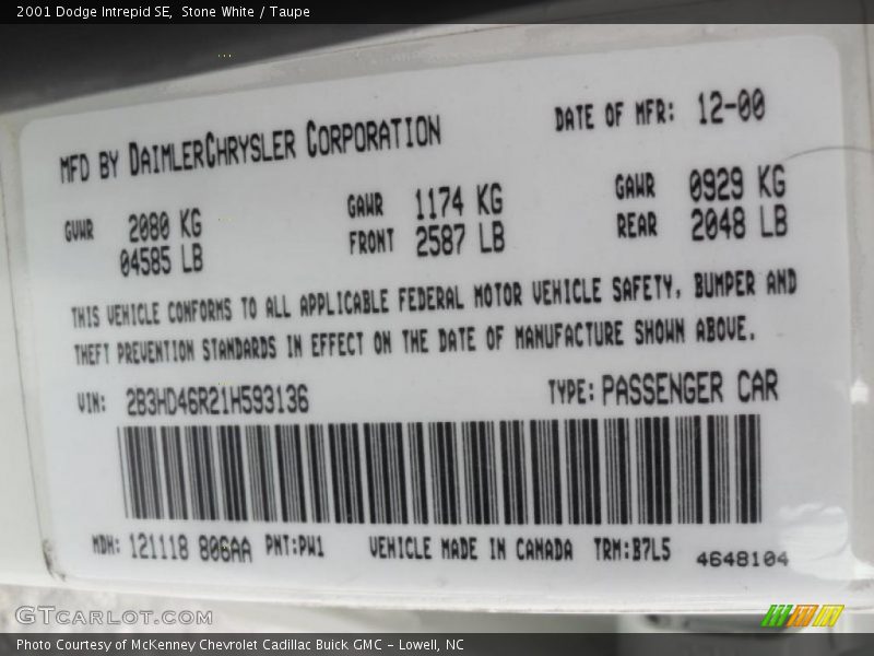 Stone White / Taupe 2001 Dodge Intrepid SE