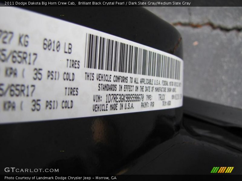 Brilliant Black Crystal Pearl / Dark Slate Gray/Medium Slate Gray 2011 Dodge Dakota Big Horn Crew Cab