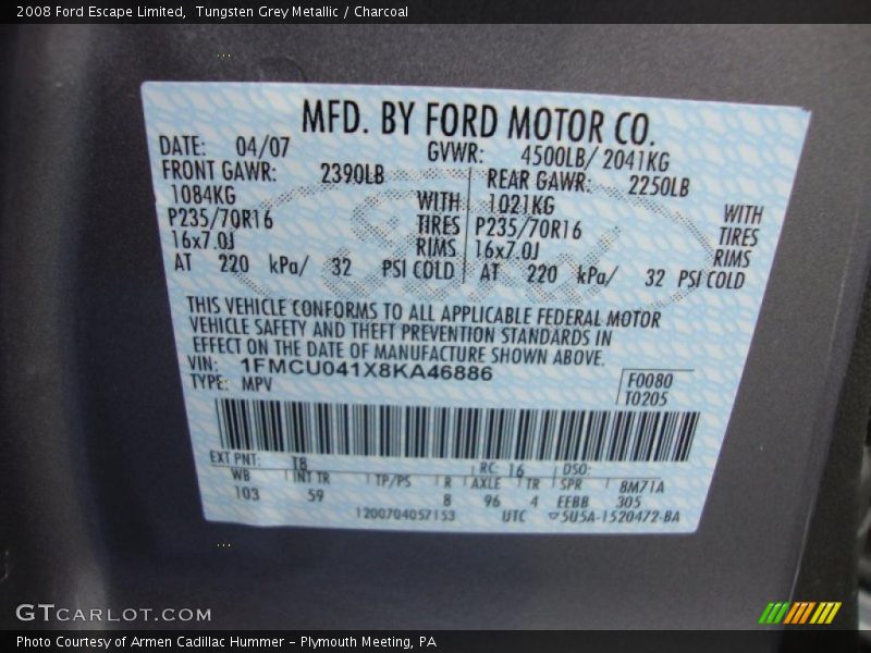 Tungsten Grey Metallic / Charcoal 2008 Ford Escape Limited