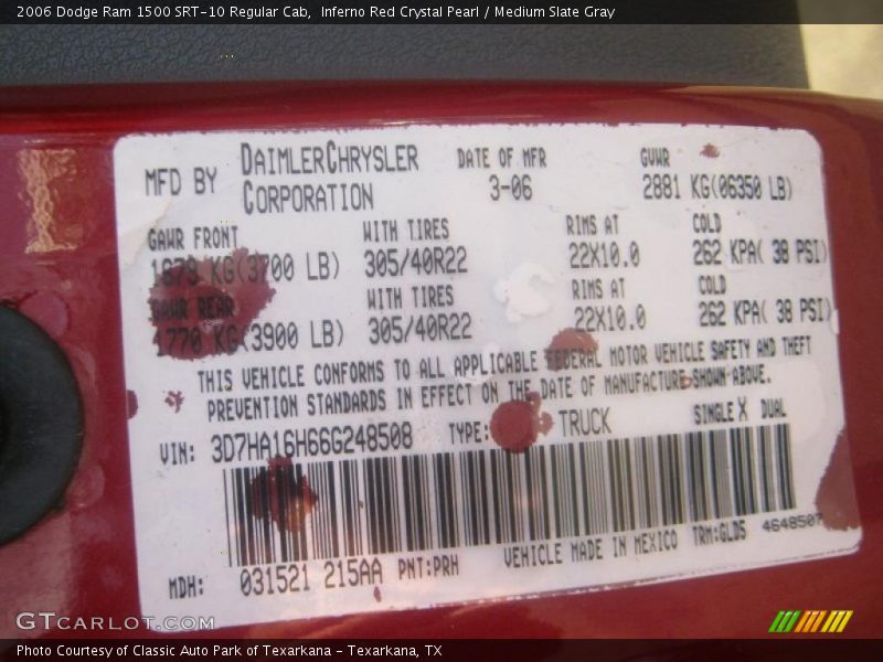 Info Tag of 2006 Ram 1500 SRT-10 Regular Cab