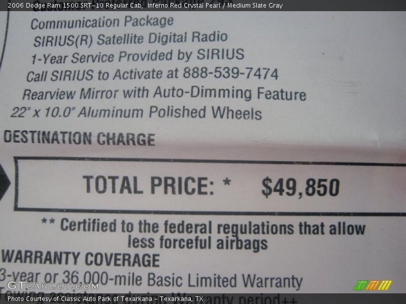  2006 Ram 1500 SRT-10 Regular Cab Window Sticker