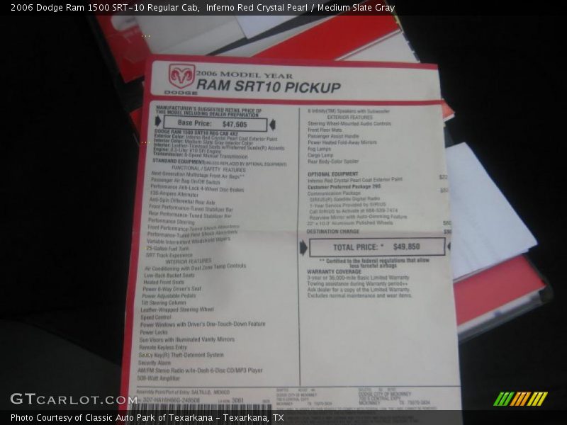  2006 Ram 1500 SRT-10 Regular Cab Window Sticker