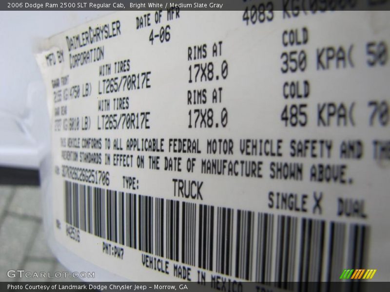 2006 Ram 2500 SLT Regular Cab Bright White Color Code PW7