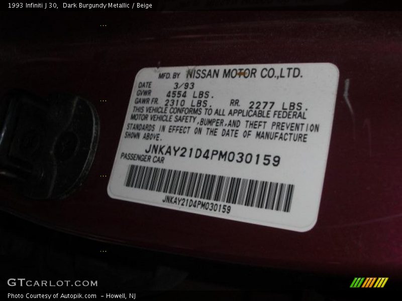 Dark Burgundy Metallic / Beige 1993 Infiniti J 30