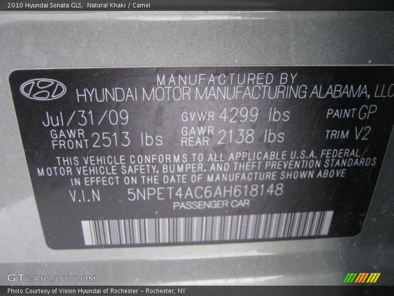 Natural Khaki / Camel 2010 Hyundai Sonata GLS
