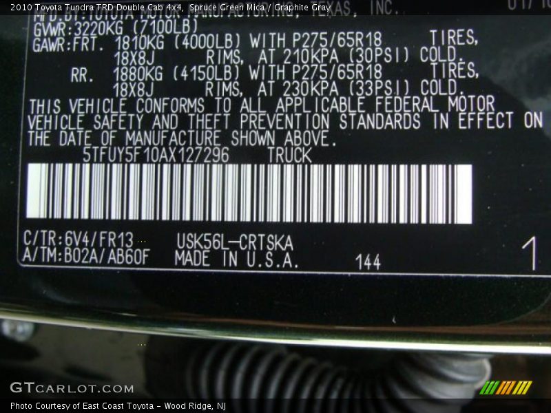 2010 Tundra TRD Double Cab 4x4 Spruce Green Mica Color Code 6V4