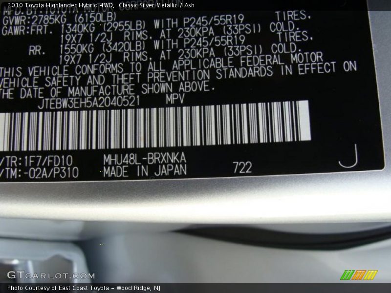 2010 Highlander Hybrid 4WD Classic Silver Metallic Color Code 1F7