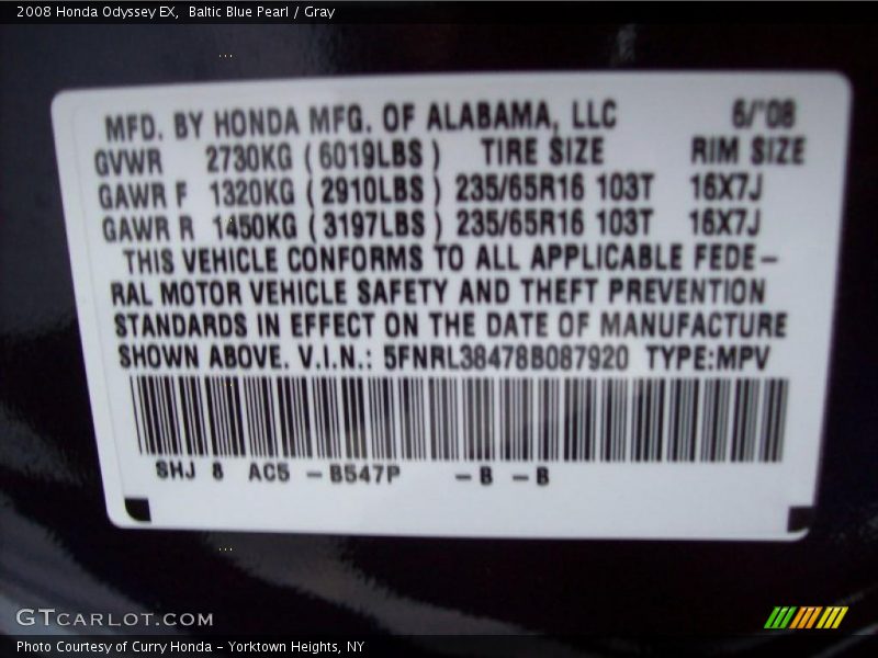 2008 Odyssey EX Baltic Blue Pearl Color Code B547P