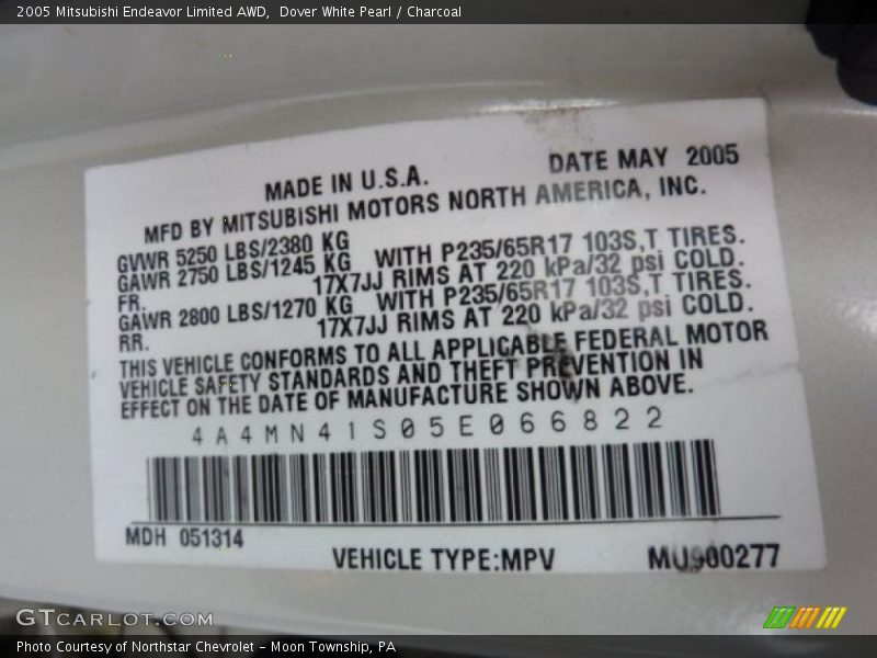 Dover White Pearl / Charcoal 2005 Mitsubishi Endeavor Limited AWD