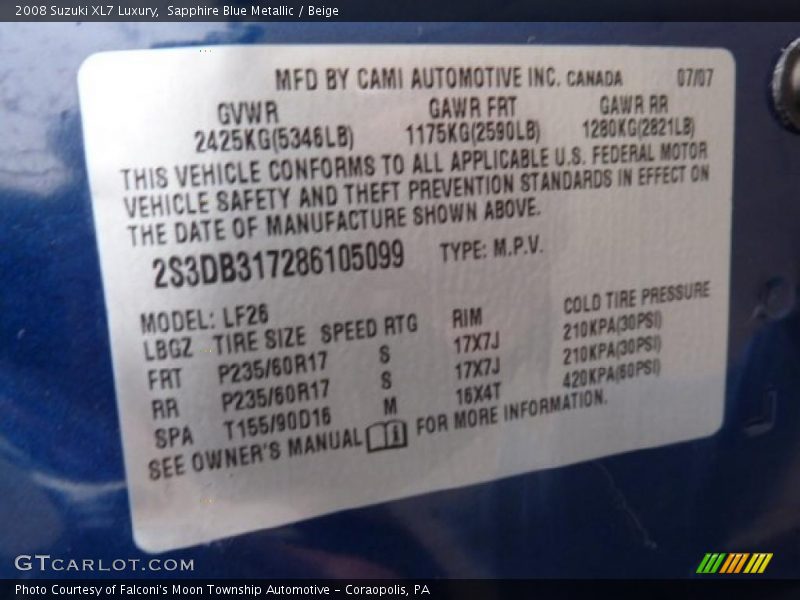 Info Tag of 2008 XL7 Luxury