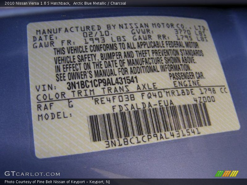 2010 Versa 1.8 S Hatchback Arctic Blue Metallic Color Code RAF