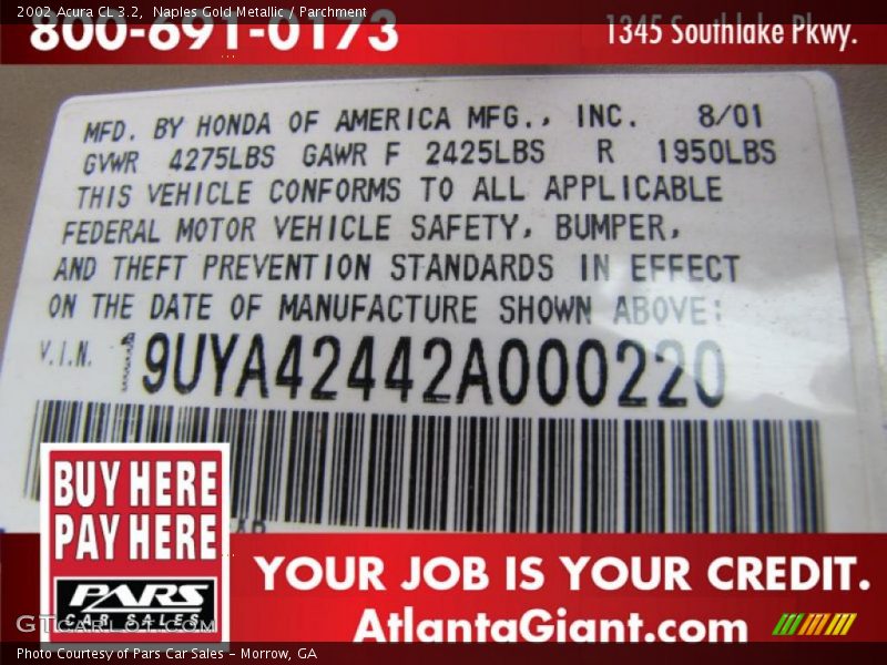 Naples Gold Metallic / Parchment 2002 Acura CL 3.2