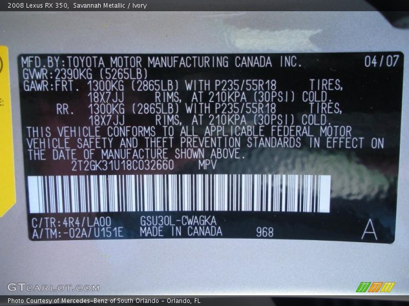 Savannah Metallic / Ivory 2008 Lexus RX 350