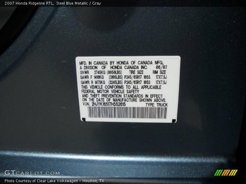 Steel Blue Metallic / Gray 2007 Honda Ridgeline RTL