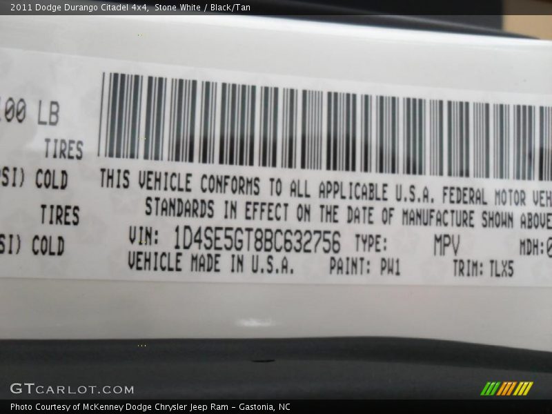 2011 Durango Citadel 4x4 Stone White Color Code PW1