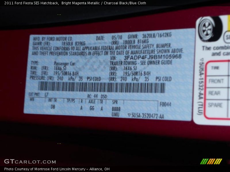 Bright Magenta Metallic / Charcoal Black/Blue Cloth 2011 Ford Fiesta SES Hatchback